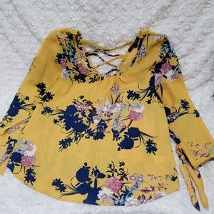 Papermoon Yellow Floral Blouse with Navy Accents